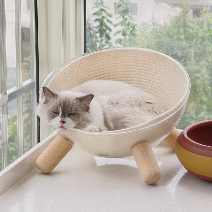 Contemporary Scandinavian Round Rubberwood PET Iron Clear Cat Bed For Bedroom