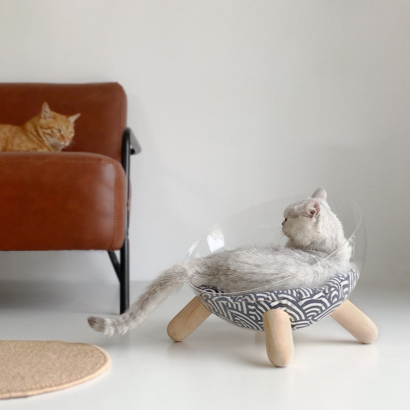 Contemporary Scandinavian Round Rubberwood PET Iron Clear Cat Bed For Bedroom