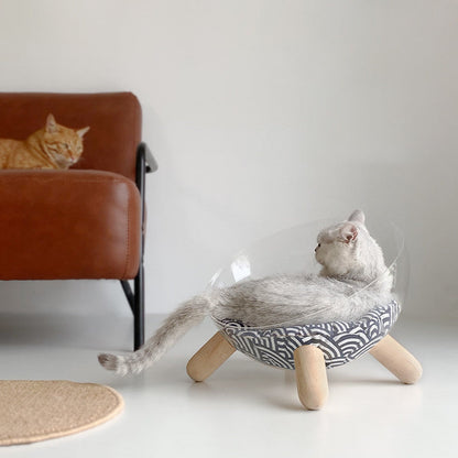 Contemporary Scandinavian Round Rubberwood PET Iron Clear Cat Bed For Bedroom