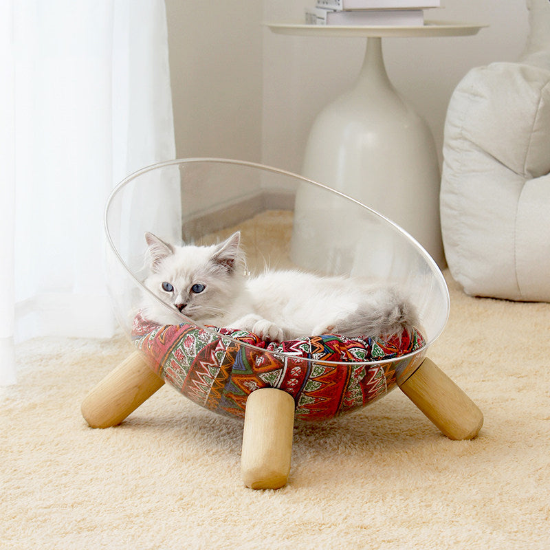 Contemporary Scandinavian Round Rubberwood PET Iron Clear Cat Bed For Bedroom
