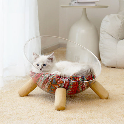 Contemporary Scandinavian Round Rubberwood PET Iron Clear Cat Bed For Bedroom
