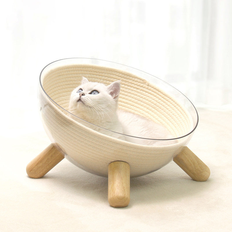 Contemporary Scandinavian Round Rubberwood PET Iron Clear Cat Bed For Bedroom