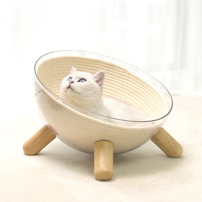 Contemporary Scandinavian Round Rubberwood PET Iron Clear Cat Bed For Bedroom