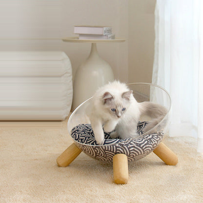 Contemporary Scandinavian Round Rubberwood PET Iron Clear Cat Bed For Bedroom