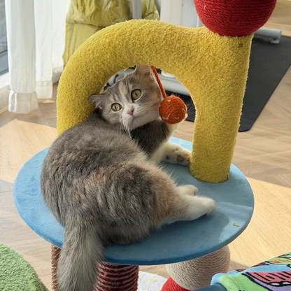 Contemporary Creative Round Medium-Density Fiberboard Velvet Fabric Hemp Rope Paper Tube Cat Tree 2-Tier For Living Room
