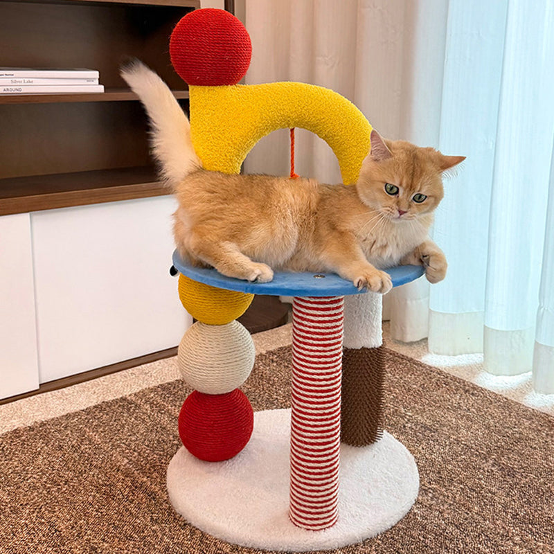 Contemporary Creative Round Medium-Density Fiberboard Velvet Fabric Hemp Rope Paper Tube Cat Tree 2-Tier For Living Room