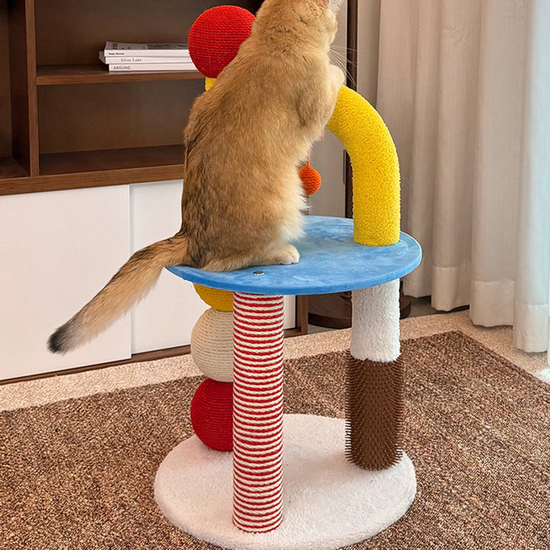 Contemporary Creative Round Medium-Density Fiberboard Velvet Fabric Hemp Rope Paper Tube Cat Tree 2-Tier For Living Room