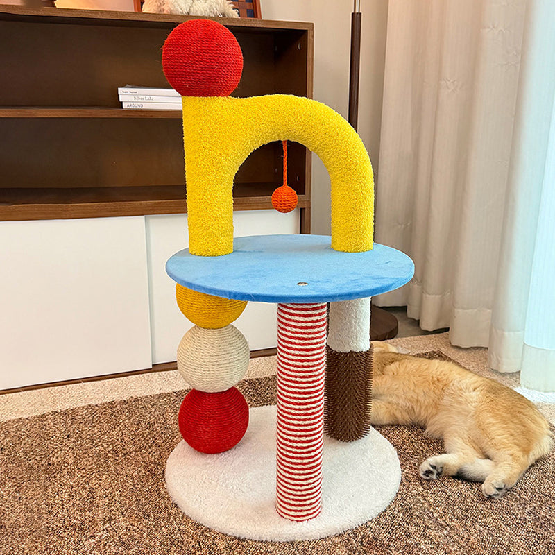 Contemporary Creative Round Medium-Density Fiberboard Velvet Fabric Hemp Rope Paper Tube Cat Tree 2-Tier For Living Room