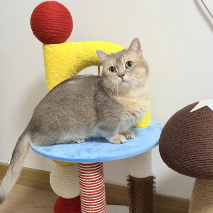 Contemporary Creative Round Medium-Density Fiberboard Velvet Fabric Hemp Rope Paper Tube Cat Tree 2-Tier For Living Room