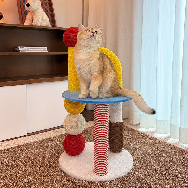 Contemporary Creative Round Medium-Density Fiberboard Velvet Fabric Hemp Rope Paper Tube Cat Tree 2-Tier For Living Room
