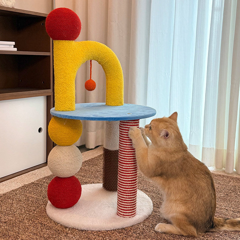 Contemporary Creative Round Medium-Density Fiberboard Velvet Fabric Hemp Rope Paper Tube Cat Tree 2-Tier For Living Room