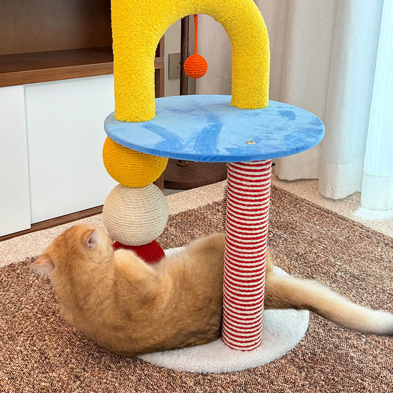 Contemporary Creative Round Medium-Density Fiberboard Velvet Fabric Hemp Rope Paper Tube Cat Tree 2-Tier For Living Room