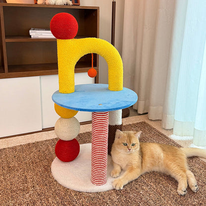 Contemporary Creative Round Medium-Density Fiberboard Velvet Fabric Hemp Rope Paper Tube Cat Tree 2-Tier For Living Room