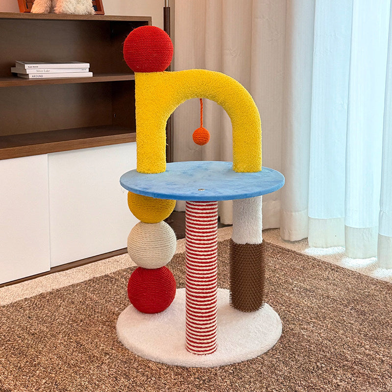 Contemporary Creative Round Medium-Density Fiberboard Velvet Fabric Hemp Rope Paper Tube Cat Tree 2-Tier For Living Room