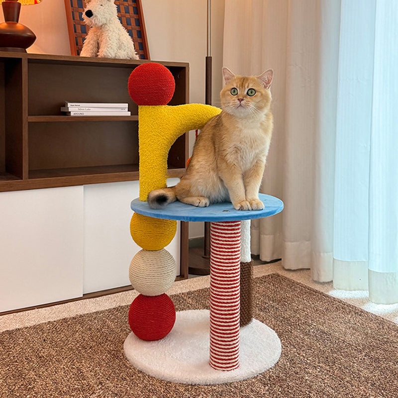 Contemporary Creative Round Medium-Density Fiberboard Velvet Fabric Hemp Rope Paper Tube Cat Tree 2-Tier For Living Room