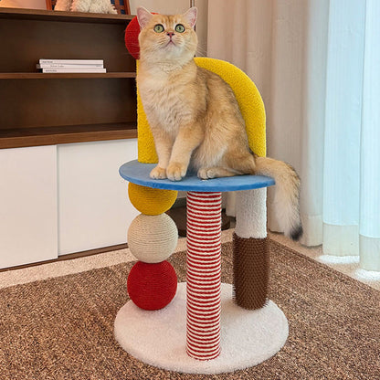 Contemporary Creative Round Medium-Density Fiberboard Velvet Fabric Hemp Rope Paper Tube Cat Tree 2-Tier For Living Room
