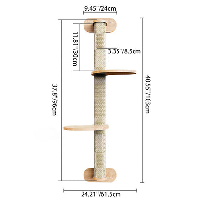Contemporary Scandinavian Round Rubberwood Solid Wood Kraft Paper Rope Cat Tree 3-Tier For Living Room