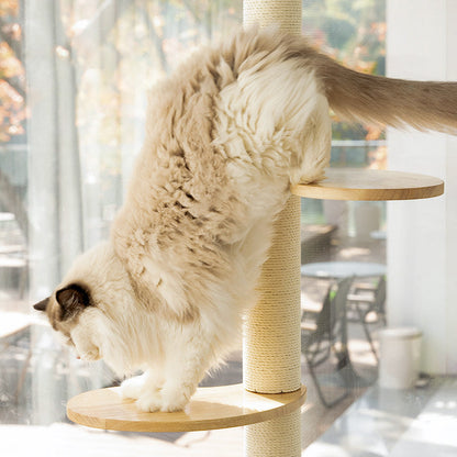 Contemporary Scandinavian Round Rubberwood Solid Wood Kraft Paper Rope Cat Tree 3-Tier For Living Room