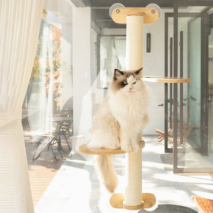 Contemporary Scandinavian Round Rubberwood Solid Wood Kraft Paper Rope Cat Tree 3-Tier For Living Room