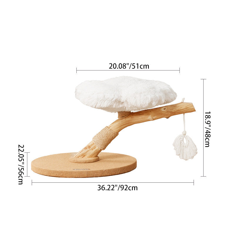 Contemporary Scandinavian Round Particleboard Natural Fruitwood Velvet Fabric Hemp Rope Cat Tree 2-Tier For Living Room