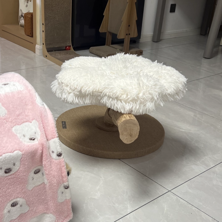 Contemporary Scandinavian Round Particleboard Natural Fruitwood Velvet Fabric Hemp Rope Cat Tree 2-Tier For Living Room