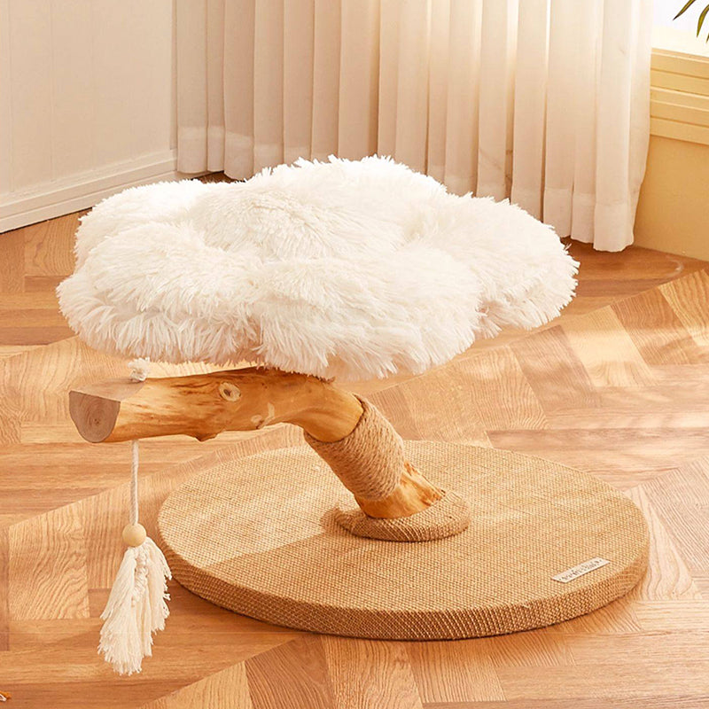 Contemporary Scandinavian Round Particleboard Natural Fruitwood Velvet Fabric Hemp Rope Cat Tree 2-Tier For Living Room
