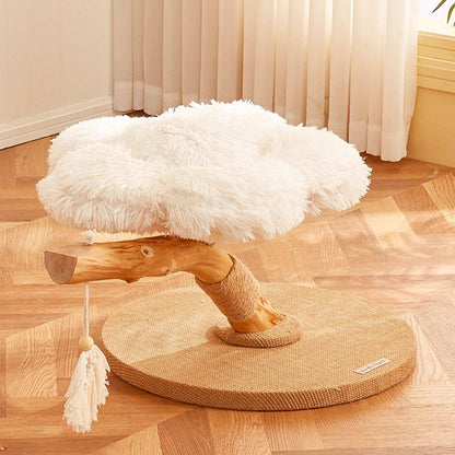 Contemporary Scandinavian Round Particleboard Natural Fruitwood Velvet Fabric Hemp Rope Cat Tree 2-Tier For Living Room