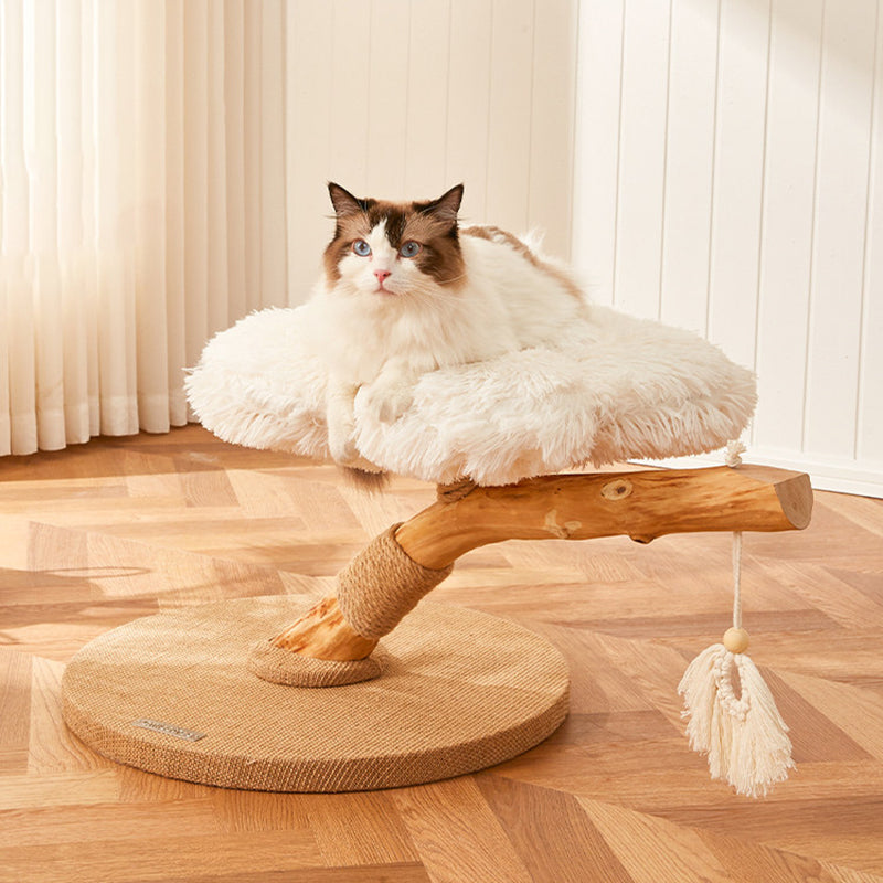 Contemporary Scandinavian Round Particleboard Natural Fruitwood Velvet Fabric Hemp Rope Cat Tree 2-Tier For Living Room