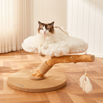 Contemporary Scandinavian Round Particleboard Natural Fruitwood Velvet Fabric Hemp Rope Cat Tree 2-Tier For Living Room