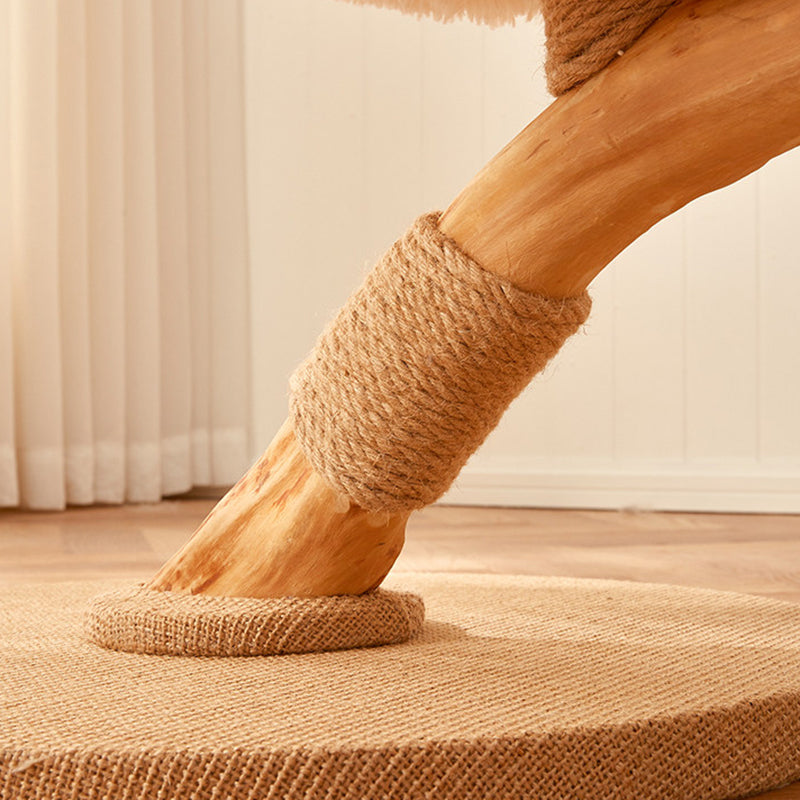 Contemporary Scandinavian Round Particleboard Natural Fruitwood Velvet Fabric Hemp Rope Cat Tree 2-Tier For Living Room