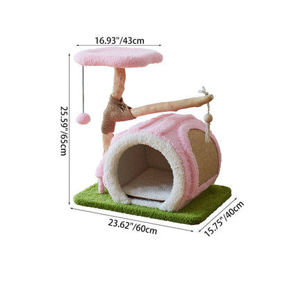 Contemporary Creative Round Multi-Layer Solid Wood Panel Natural Fruitwood Velvet Fabric Sisal Cat Tree 2-Tier For Living Room