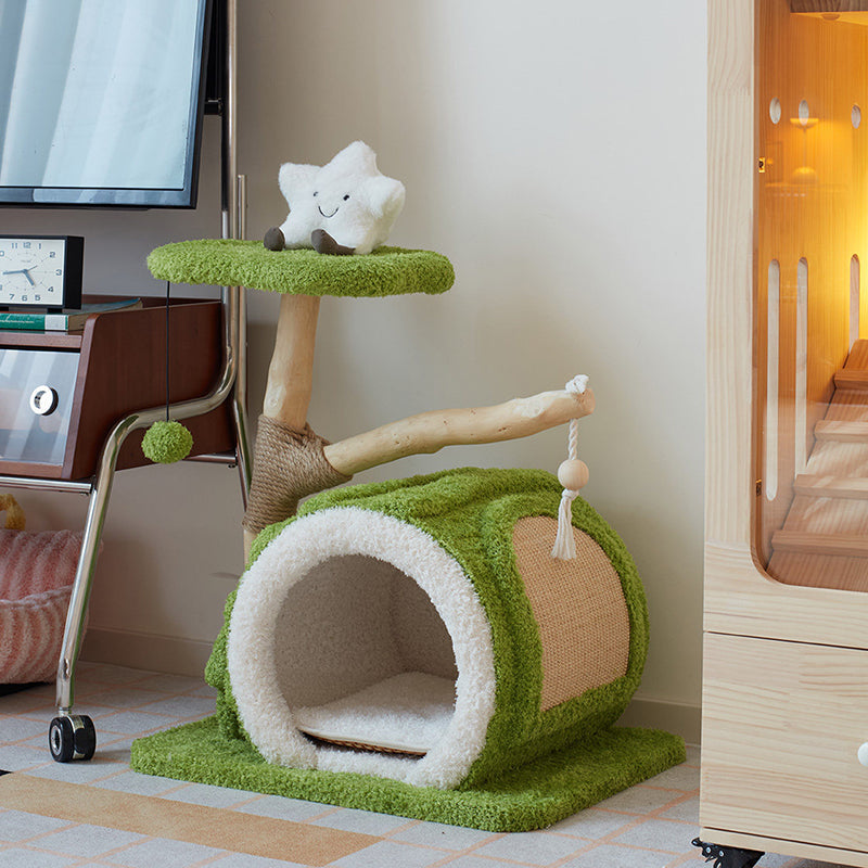 Contemporary Creative Round Multi-Layer Solid Wood Panel Natural Fruitwood Velvet Fabric Sisal Cat Tree 2-Tier For Living Room