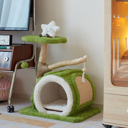 Contemporary Creative Round Multi-Layer Solid Wood Panel Natural Fruitwood Velvet Fabric Sisal Cat Tree 2-Tier For Living Room