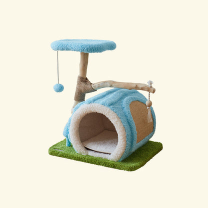 Contemporary Creative Round Multi-Layer Solid Wood Panel Natural Fruitwood Velvet Fabric Sisal Cat Tree 2-Tier For Living Room