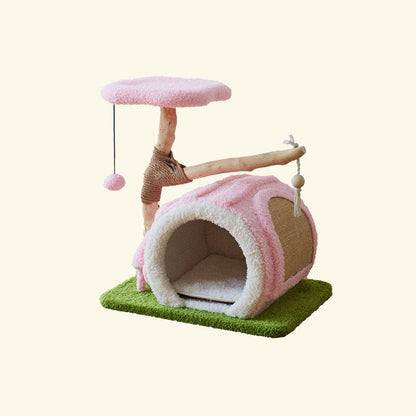 Contemporary Creative Round Multi-Layer Solid Wood Panel Natural Fruitwood Velvet Fabric Sisal Cat Tree 2-Tier For Living Room