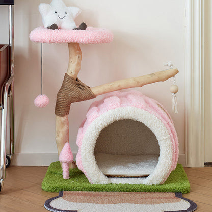 Contemporary Creative Round Multi-Layer Solid Wood Panel Natural Fruitwood Velvet Fabric Sisal Cat Tree 2-Tier For Living Room