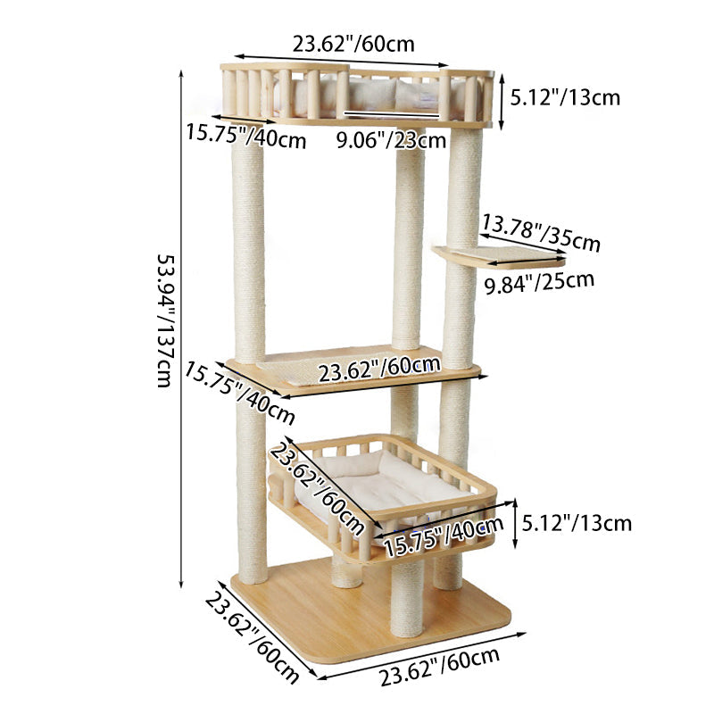 Contemporary Scandinavian Square Multi-Layer Solid Wood Panel Velvet Fabric Sisal Cat Tree 4-Tier For Living Room