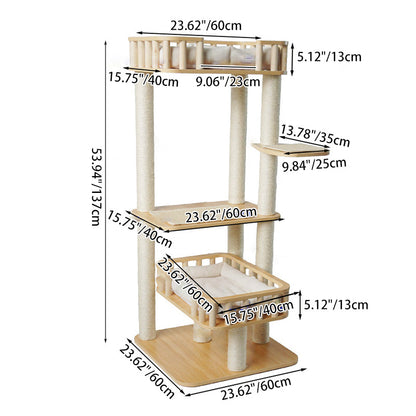 Contemporary Scandinavian Square Multi-Layer Solid Wood Panel Velvet Fabric Sisal Cat Tree 4-Tier For Living Room