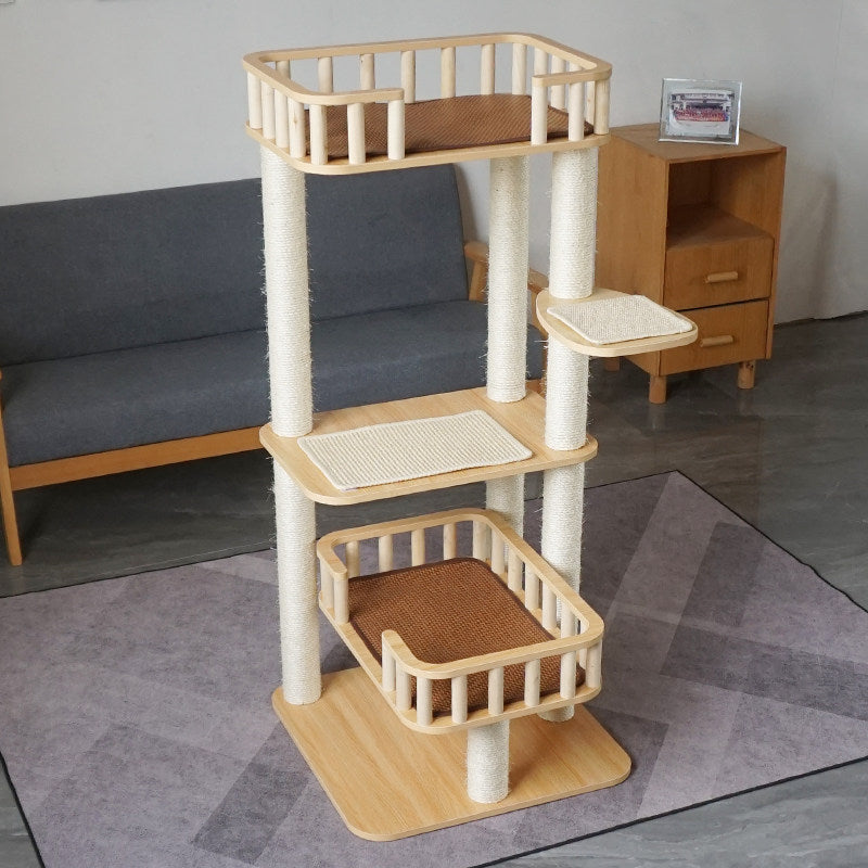 Contemporary Scandinavian Square Multi-Layer Solid Wood Panel Velvet Fabric Sisal Cat Tree 4-Tier For Living Room