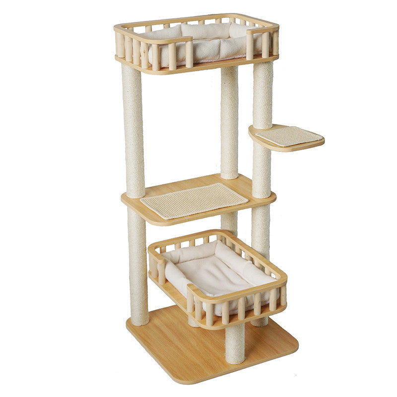 Contemporary Scandinavian Square Multi-Layer Solid Wood Panel Velvet Fabric Sisal Cat Tree 4-Tier For Living Room