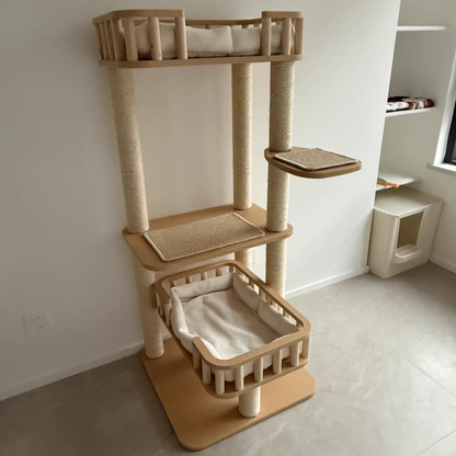 Contemporary Scandinavian Square Multi-Layer Solid Wood Panel Velvet Fabric Sisal Cat Tree 4-Tier For Living Room