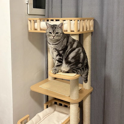 Contemporary Scandinavian Square Multi-Layer Solid Wood Panel Velvet Fabric Sisal Cat Tree 4-Tier For Living Room