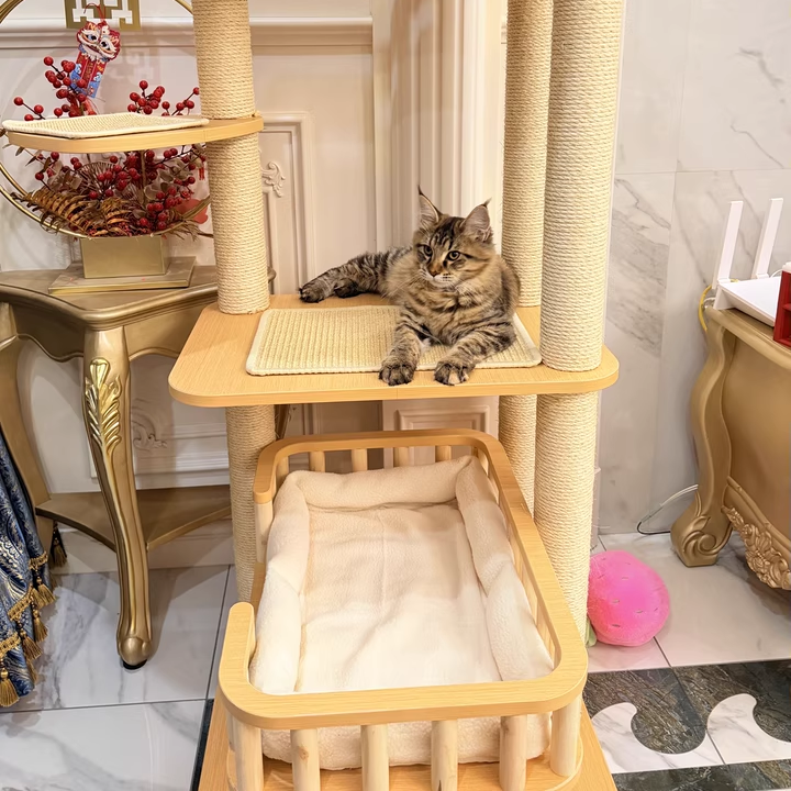 Contemporary Scandinavian Square Multi-Layer Solid Wood Panel Velvet Fabric Sisal Cat Tree 4-Tier For Living Room