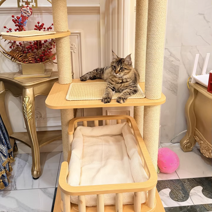 Contemporary Scandinavian Square Multi-Layer Solid Wood Panel Velvet Fabric Sisal Cat Tree 4-Tier For Living Room
