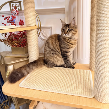 Contemporary Scandinavian Square Multi-Layer Solid Wood Panel Velvet Fabric Sisal Cat Tree 4-Tier For Living Room