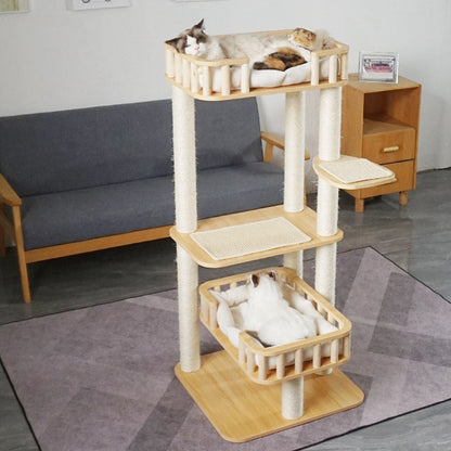 Contemporary Scandinavian Square Multi-Layer Solid Wood Panel Velvet Fabric Sisal Cat Tree 4-Tier For Living Room