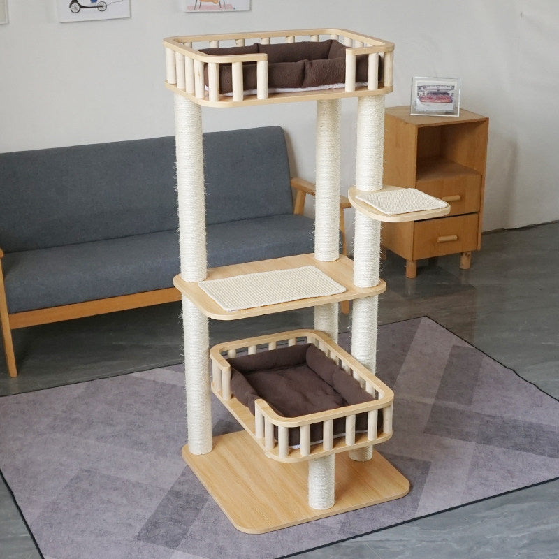 Contemporary Scandinavian Square Multi-Layer Solid Wood Panel Velvet Fabric Sisal Cat Tree 4-Tier For Living Room