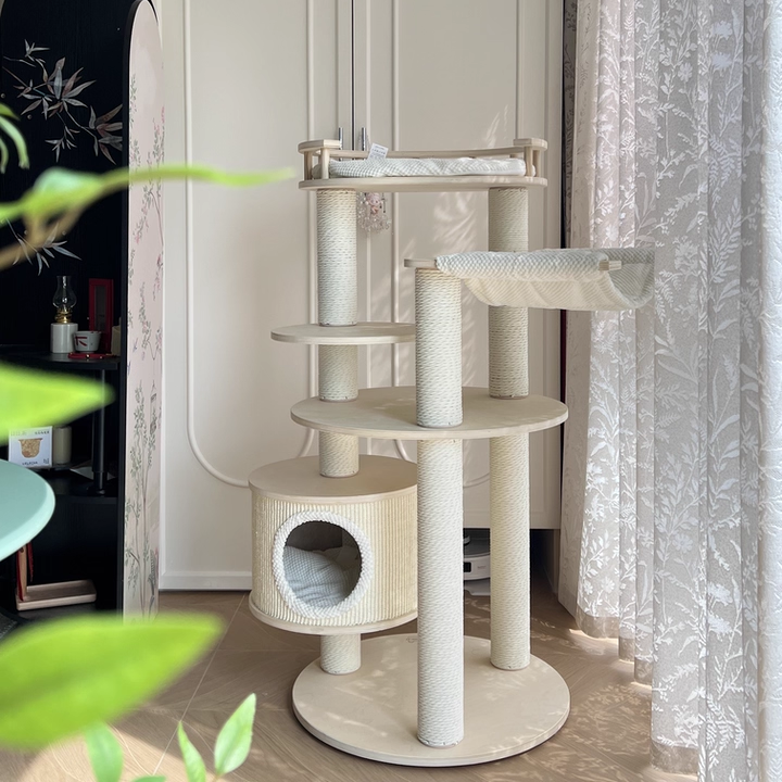 Contemporary Scandinavian Round Multi-Layer Solid Wood Panel Particleboard Fiberboard Velvet Fabric Paper Rope Paper Tube Cat Tree 5-Tier For Living Room