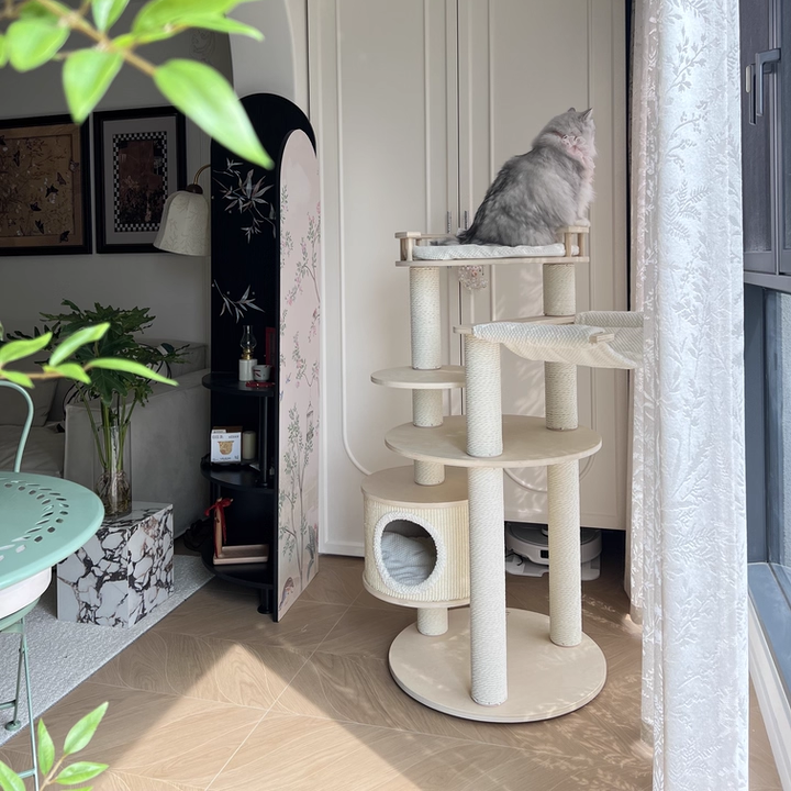 Contemporary Scandinavian Round Multi-Layer Solid Wood Panel Particleboard Fiberboard Velvet Fabric Paper Rope Paper Tube Cat Tree 5-Tier For Living Room