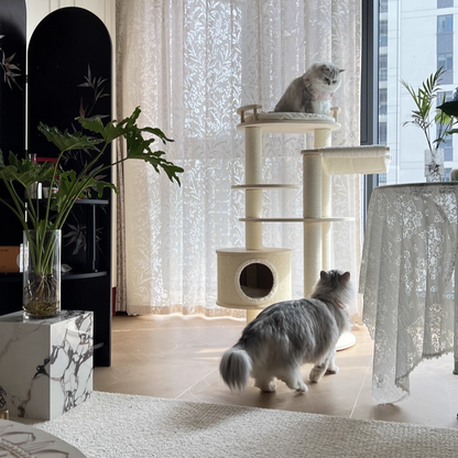 Contemporary Scandinavian Round Multi-Layer Solid Wood Panel Particleboard Fiberboard Velvet Fabric Paper Rope Paper Tube Cat Tree 5-Tier For Living Room